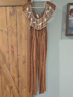 Savanna Jane Rust Brown Printed Off-Shoulder Jumpsuit